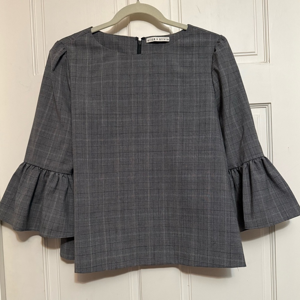 Alice + Olivia Charcoal Plaid Bell Sleeve Blouse